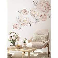 Blushing Peonies Vinyl Wall Sticker Flowers Wall Mural Set Of 6 Grey Washed Pink