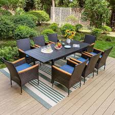 Black 9 Piece Metal Patio Outdoor Dining Set With Extendable Table And Rattan Chairs With Blue Cushion