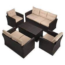 5 Piece Wicker Patio Conversation Furniture Set With Beige Cushions