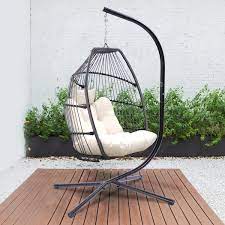 Myre Outdoor Wicker Folding Hanging Chair Rattan Patio Swing Hammock Egg Chair With Cushion And Pillow
