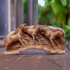 Suar Wood Horse Motif Sculpture