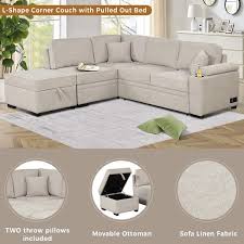 87 4 In L Shaped Linen Sectional Sofa In Beige Convertible Sofa Bed With Storage Ottoman Charging Ports Cup Holder