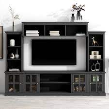 Harper Bright Designs Black Minimalism Style Tv Stand Fits Tv S Up To 70 In With 3 Tier Shelves And Tempered Glass Door