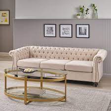 Parksley Tufted Chesterfield Fabric 3 Seater Sofa Beige And Dark Brown