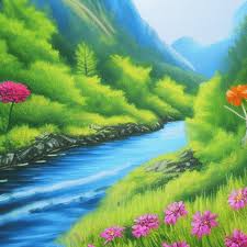 Beautiful Painting Of A River Flowing