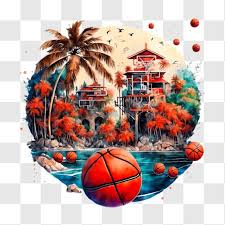 Basketball Court Island With Palm Trees
