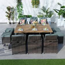 Viewpoint Brown 11 Piece Wicker Rectangular Outdoor Dining Set With Light Green Cushion Aluminum Table Top