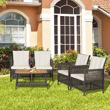 Angeles Home Mix Black And Brown 5 Piece Pe Wicker Outdoor Patio Conversation Set With Off White Cushions
