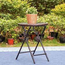 Phi Villa Black Round Metal Patio Outdoor Bistro Table Foldable Patio Rattan Side Coffee Table With Tempered Glass Table Top