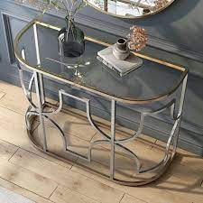 Tuba 42 In Chrome And Gold Half Circle Glass Console Table