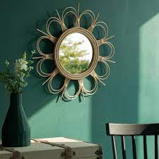 Fabulaxe Flower Decorative Shape Natural Rattan Wood Round Modern Boho Hanging Wall Mirror Qi004071