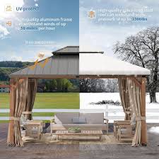 Lue Bona Karot 12 Ft X 14 Ft Brown Hardtop Wood Grain Aluminum Outdoor Gazebo With Galvanized Steel Double Roof Curtain Netting