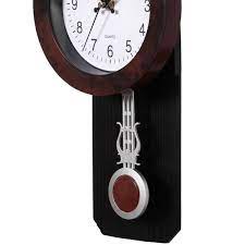 Clockswise Traditional Black Round Wood Looking Pendulum Plastic Wall Clock For Living Room Kitchen Or Dining Room