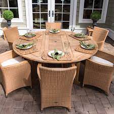 Royal Teak Collection P43ho 7 Piece Teak Patio Dining Set With 72 Inch Round Drop Leaf Table Helena Full Weave Wicker Chairs Honey