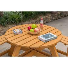 Gardenised Stained 8 Person Round Wooden Outdoor Patio Garden Picnic Table With Bench