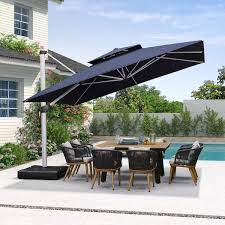 12 Ft Square High Quality Aluminum Cantilever Polyester Outdoor Patio Umbrella With Stand Navy Blue