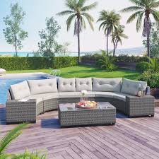 Modern Half Moon Gray Wicker Outdoor Sectional Set With Beige Cushions 8 Piece
