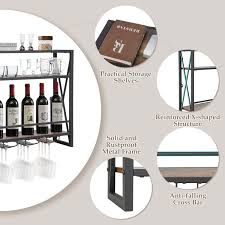 3 Tiers Industrial Wall Mounted Wine Rack With Glass Holder And Metal Frame Costway