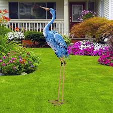 Blue Metal Crane Statue Heron Garden