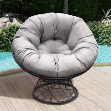 Tenleaf Metal Steel Frame 360 Swivel Outdoor Lounge Chair With Gray Cushion Comfy Circle Lounge Moon Chair