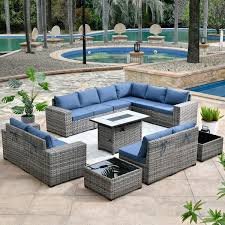 Hooowooo Tahoe Grey 13 Piece Wicker Wide Arm Outdoor Patio Conversation Sofa Set With A Fire Pit And Denim Blue Cushions