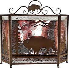 American Icon Majestic Bison Tri Fold Fireplace Screen Dark Brown Metal Free Standing Functional Spark Guard Foldable Decorative Fireplace