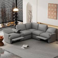 104 In W Gray Square Arm Linen L Shaped 5 Seater Reclining Sectional Sofa With Storage Box Cup Holders