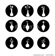 Icon Set Of Flower In Vase Black And