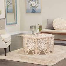 33 In White Medium Round Wood Handmade Intricately Carved Fl Coffee Table
