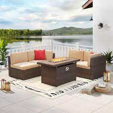 Sizzim 5 Piece Fire Pit Patio Sets Wicker Patio Conversation Set With Fire Pit Table Beige Cushions