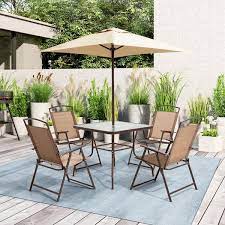 Crestlive S 6 Piece Metal Square Outdoor Dining Set And Umbrella In Brown