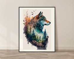 Wolf And Nature Watercolor Art Print