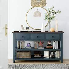 Urtr 50 In Navy Rectangle Wood Long Console Table With Drawers And 2 Tier Shelves 3 Drawers Sofa Table Entryway Table Blue