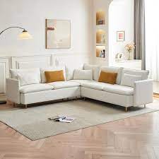 92 In Beige Teddy Fabric Modern L Shaped Corner Sectional Sofa With Pillows And Metal Legs For Living Room Apartment
