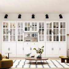 141 7 In Luxurious Wall Wide White Wooden 30 Shelves Accent Bookcase With Tempered Glass Door 2 Drawers