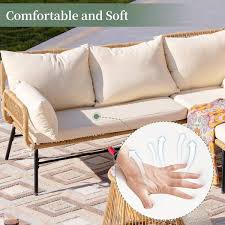 6 Piece Boho Outdoor Furniture Beige Wicker Small Size Patio Conversation Sofa Set With Round Ice Bucket And Table
