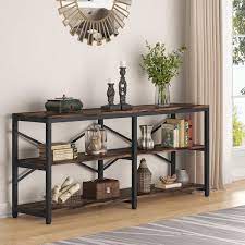 Bulgari 70 9 In Rectangle Black Metal Brown Particle Board Wood Console Table Sofa Table With 3 Open Storage Shelves