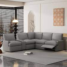 104 In Modern Linen Home Theater Reclining Sectional Sofa In Gray With Storage Box Cup Holders Usb Ports And Socket