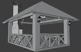 Gazebo With Fireplace And Lighting 3d
