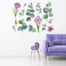 Purple Flowers Green Leaves Wall Decal
