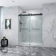 60 In W X 76 In H Double Sliding Door With Buffer Frameless Shower Door In Matte Black Finish Clear Glass With Handles