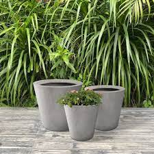 Large Medium Small Round Natural Finish Lightweight Concrete And Weather Resistant Fiberglass Planters Set Of 3