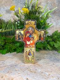 Exquisite Wood Icon Cross Holy Family