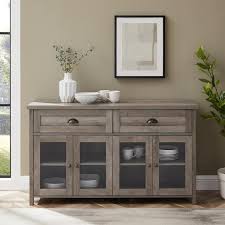 Welwick Designs Grey Wash Wood And Glass Transitional Farmhouse 4 Door Sideboard With 2 Drawers
