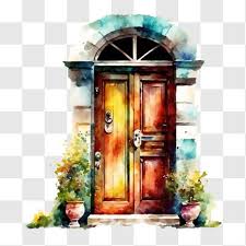 Watercolor Painting Of Old Wooden Door