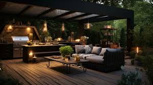 A Black Outdoor Kitchen With Plants On