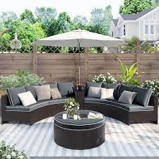 Half Moon Brown Wicker Outdoor Sectional Set With Gary Cushions