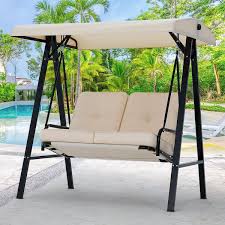 Aecojoy 2 Person Metal Patio Swing With Canopy And Cushions In Beige