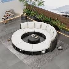 9 Piece Rattan Wicker Outdoor Patio Circular Sectional Sofa Grey Lounge Set With Tempered Glass Table Beige Cushions