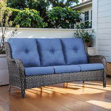 3 Seat Wicker Outdoor Patio Sofa Couch With Deep Seating And Cushions Suitable For Porch Deck Balcony Brown Blue